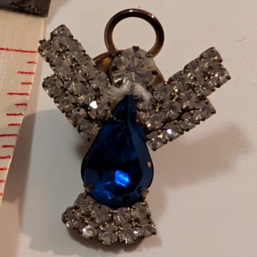 Vintage Blue Crystal Angel Lapel Pin Rhinestone Guardian Angel Brooch